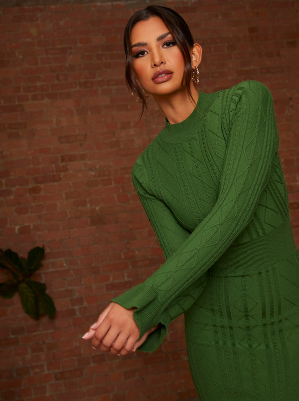 Cable Knit Ruffle Detail Midi Dress in Green