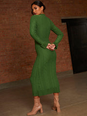 Cable Knit Ruffle Detail Midi Dress in Green