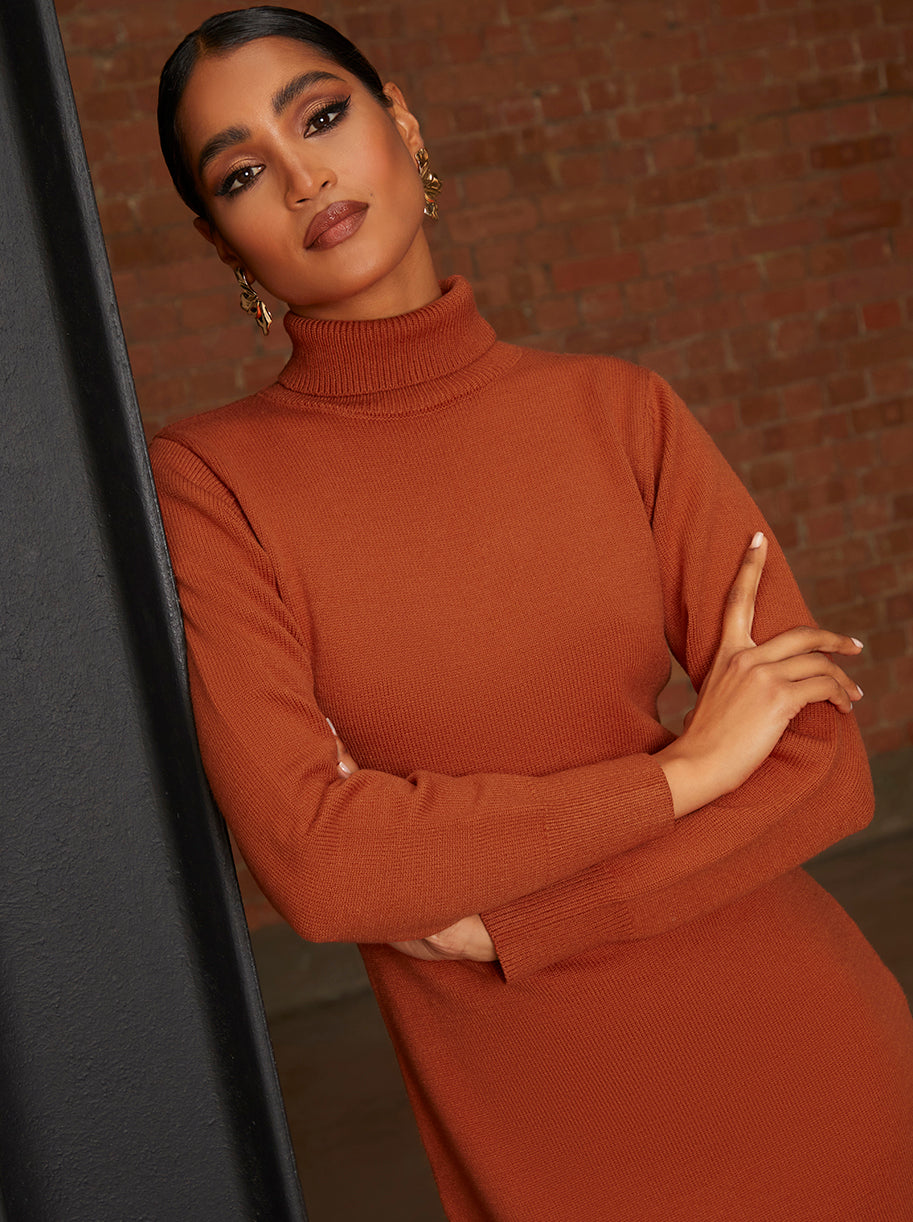 Oversized Roll Neck Knitted Dress in Burnt Orange | Chi Chi London UK Oversized Roll Neck Knitted Dress in Burnt Orange | Chi Chi London UK