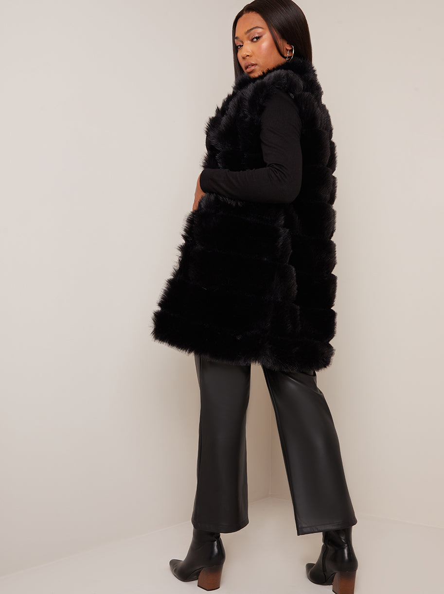 Faux Fur Stripe Gilet in Black