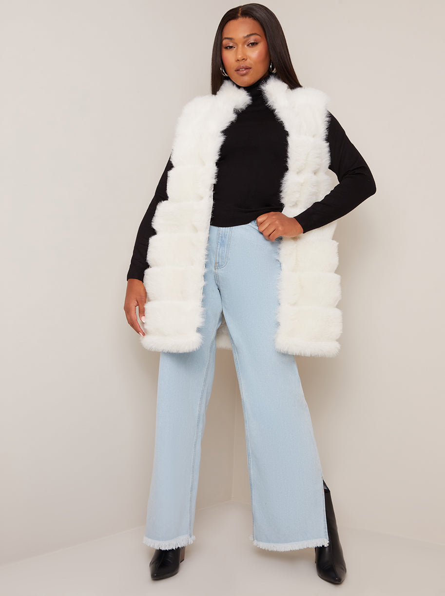 Faux Fur Stripe Gilet in Cream
