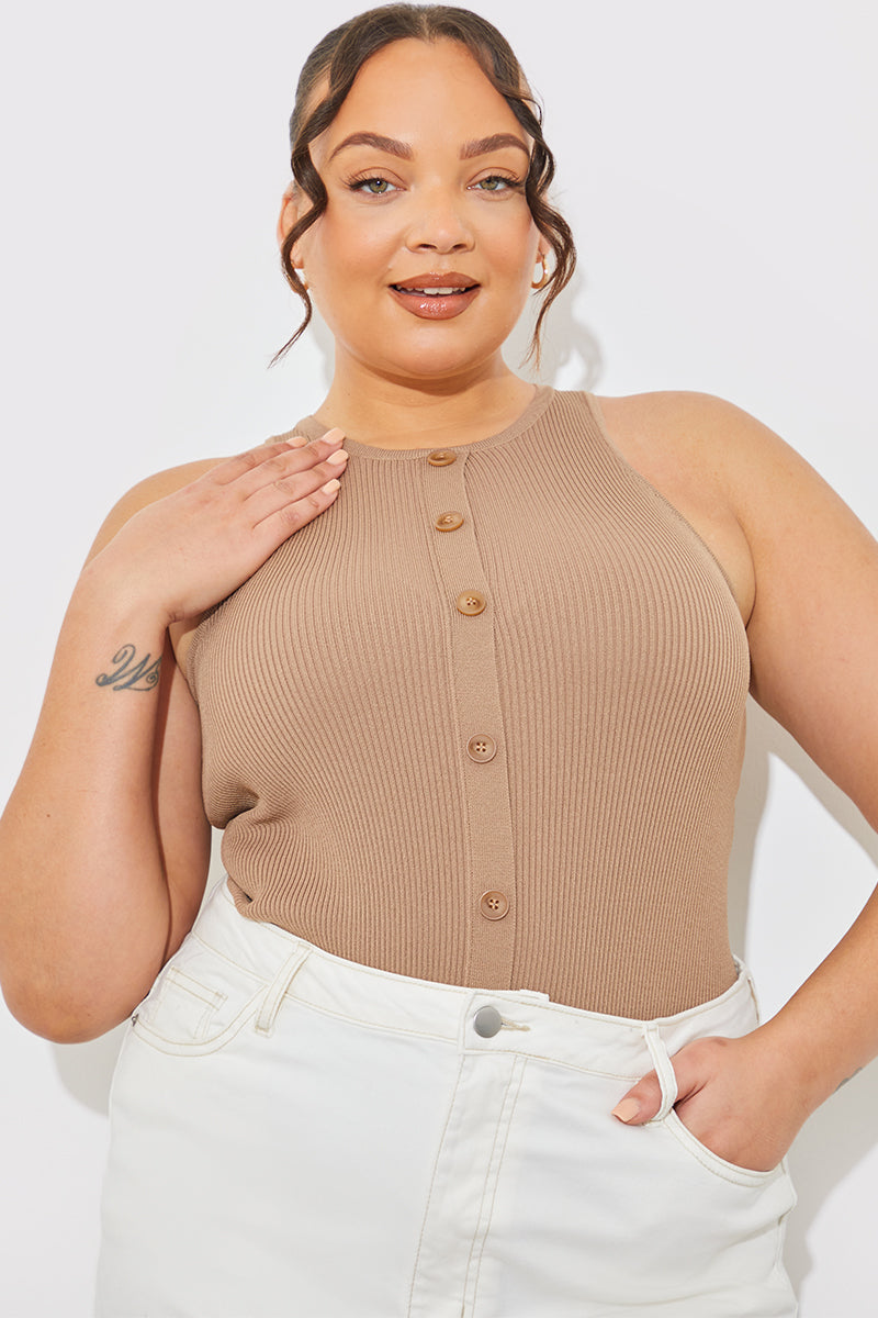 Rib Knit Button Detail Racer Neck Bodysuit