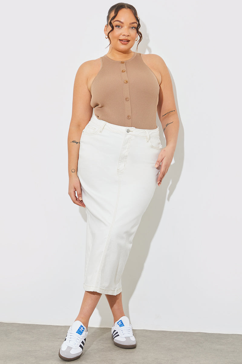 Rib Knit Button Detail Racer Neck Bodysuit