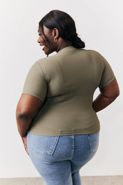 Khaki Ribbed Crew Neck Short Sleeve Top