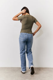 Khaki Ribbed Crew Neck Short Sleeve Top