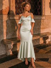 Satin Cami Ruffle Strap Bodycon Dress in Mint