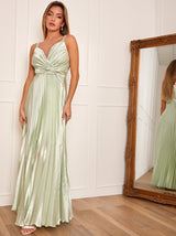 Satin Cami Strap Pleated Maxi Dress in Mint