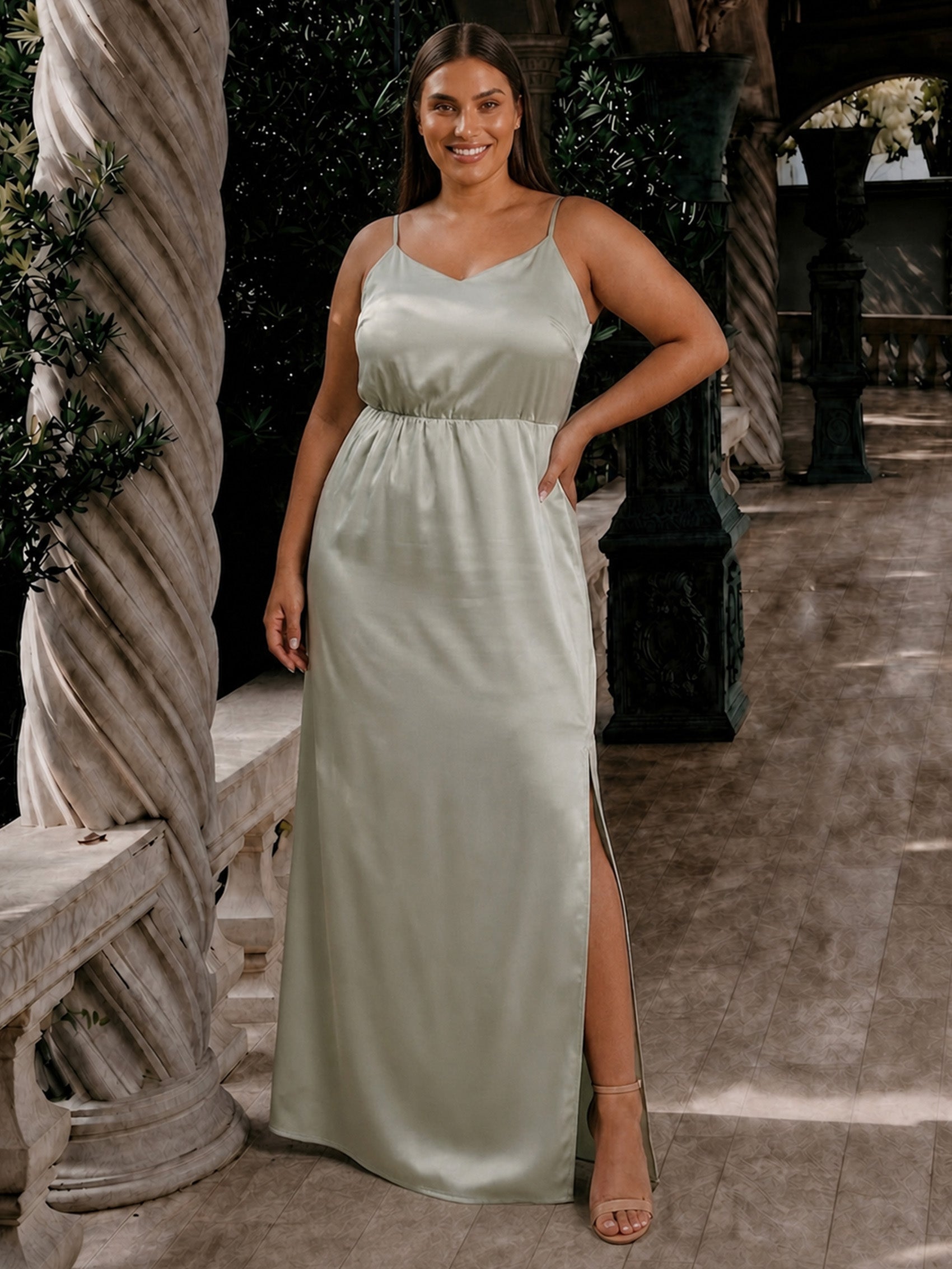 Plus Size Satin Cami Strap Maxi Dress in Mint