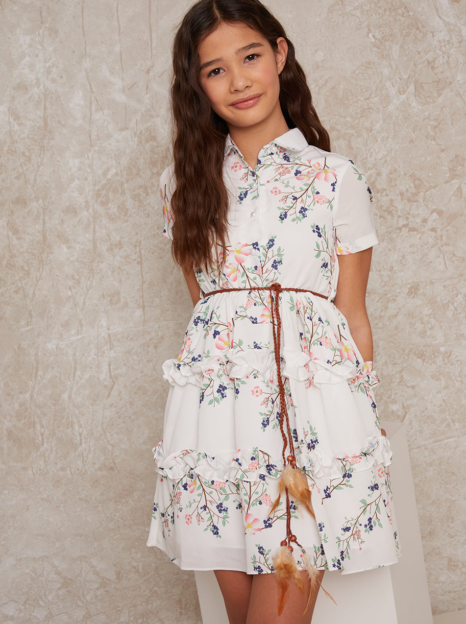 Girls Floral Ruffle Shirt Dress in White