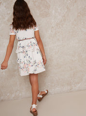 Girls Floral Ruffle Shirt Dress in White