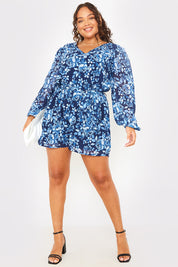 Floral Chiffon Wrap Belted Balloon Sleeve Playsuit