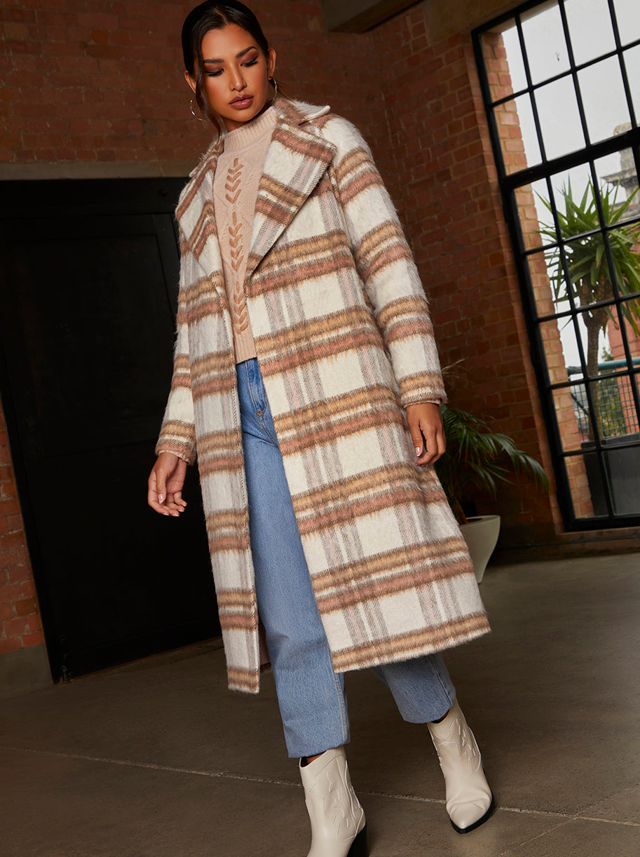 Check Wrap Tie Waist Coat in Cream