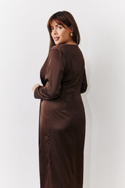 Chocolate Satin Twist Detail Maxi Dress