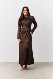 Chocolate Satin Twist Detail Maxi Dress