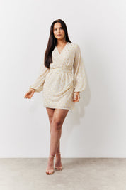 Cream Gold Fleck Detail Belted Mini Dress