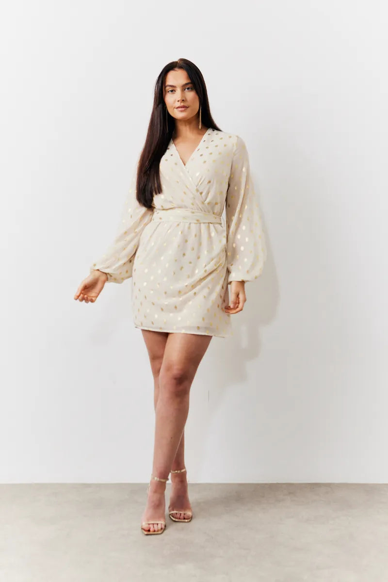 In The Style Cream Gold Fleck Detail Belted Mini Dress
