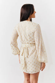 In The Style Cream Gold Fleck Detail Belted Mini Dress