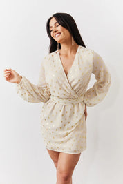 In The Style Cream Gold Fleck Detail Belted Mini Dress