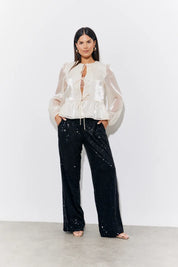 In The Style Organza Tie Front Puff Sleeve Top in Cream