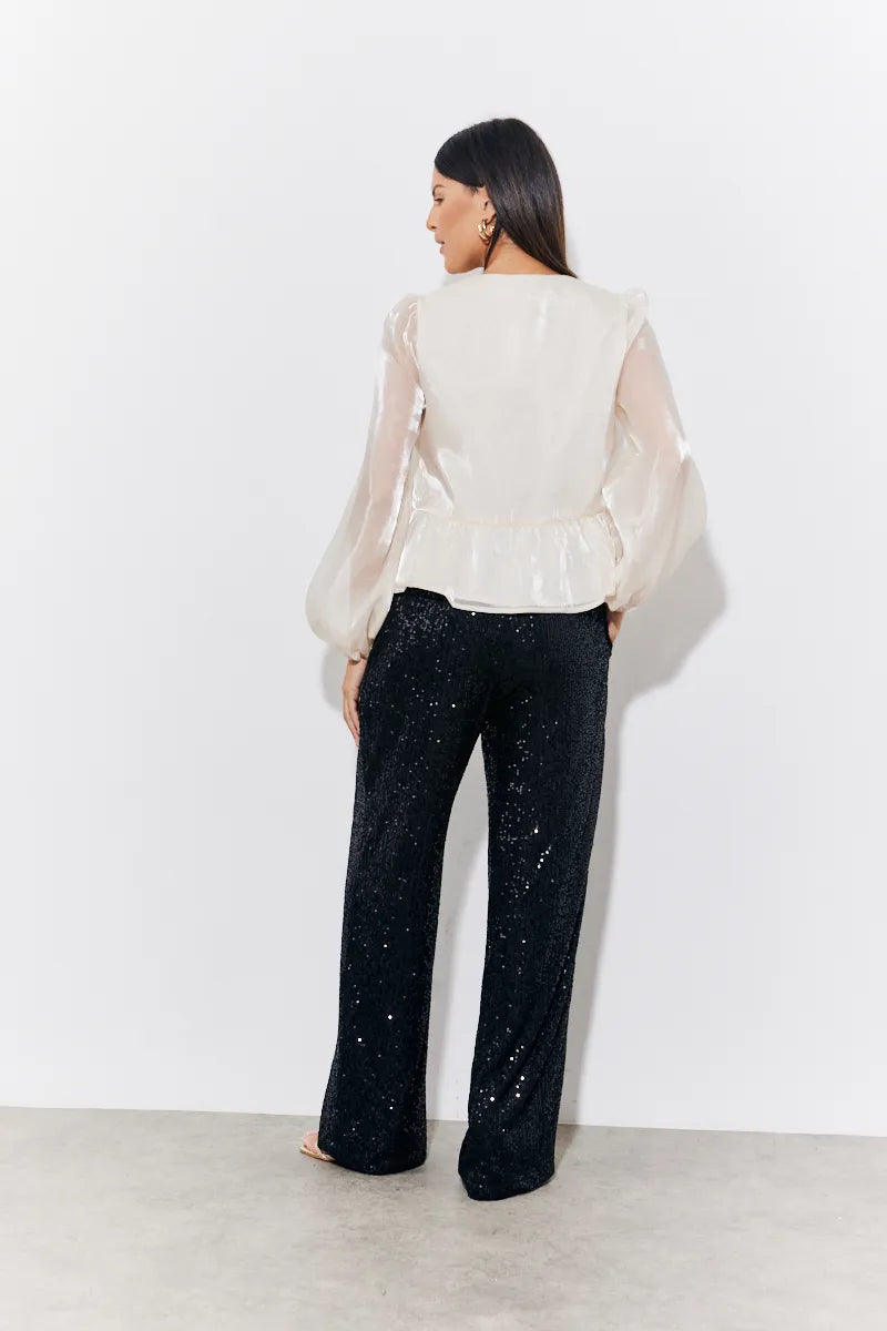 In The Style Organza Tie Front Puff Sleeve Top in Cream