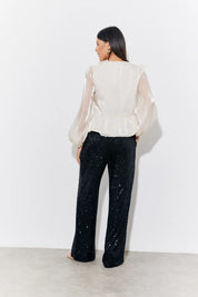 In The Style Organza Tie Front Puff Sleeve Top in Cream