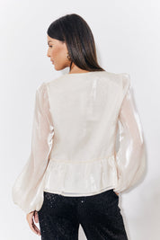 Cream Organza Tie Front Puff Sleeve Top