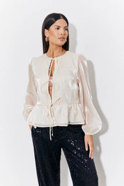 In The Style Organza Tie Front Puff Sleeve Top in Cream