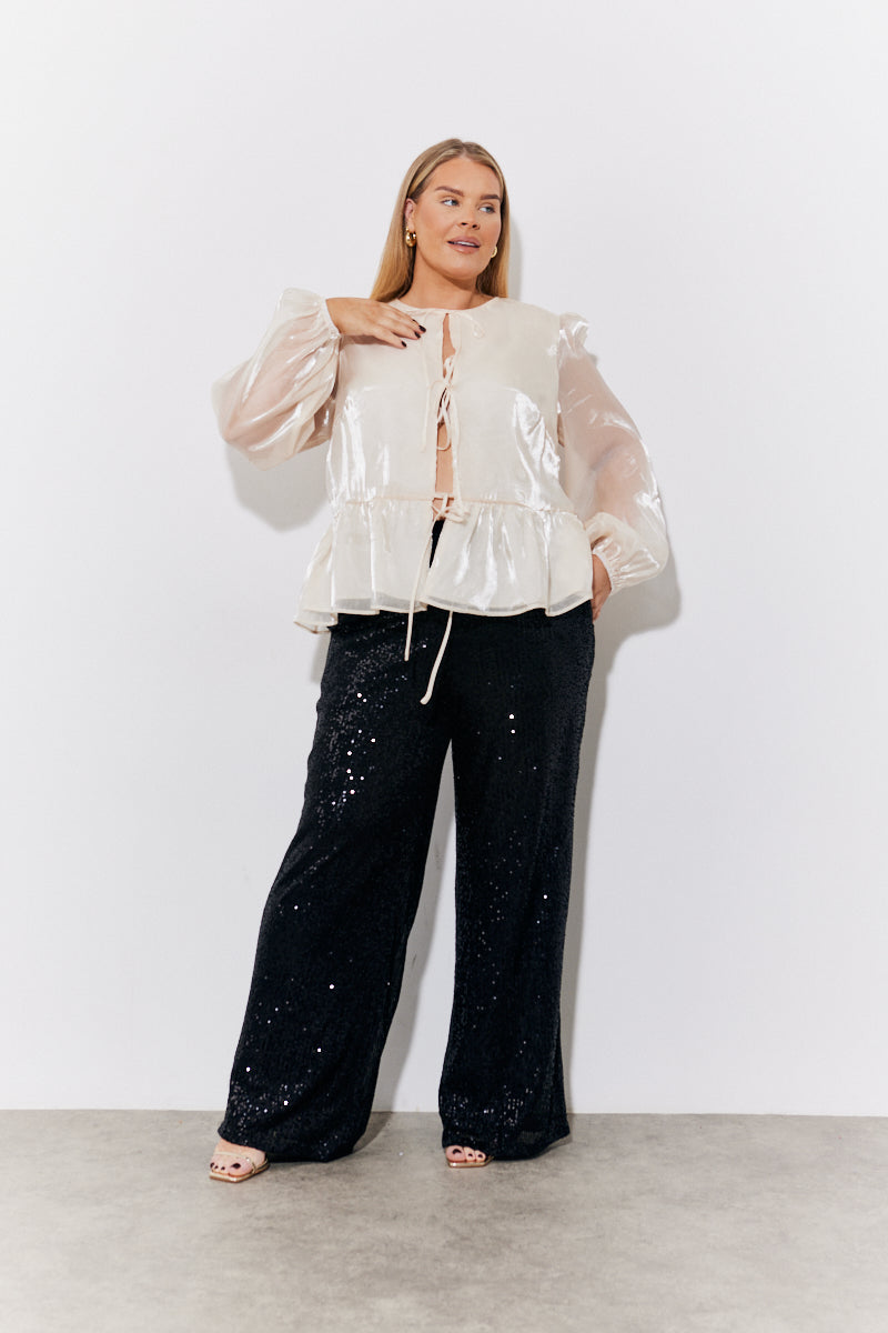 Cream Organza Tie Front Puff Sleeve Top