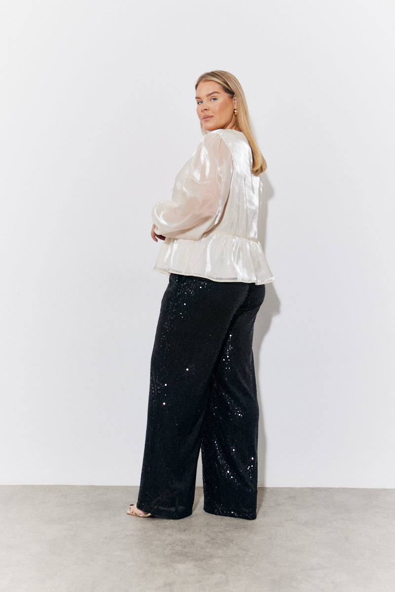 Cream Organza Tie Front Puff Sleeve Top