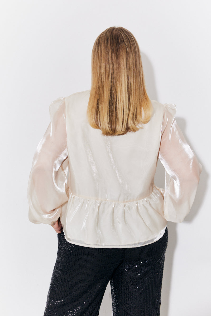 Cream Organza Tie Front Puff Sleeve Top