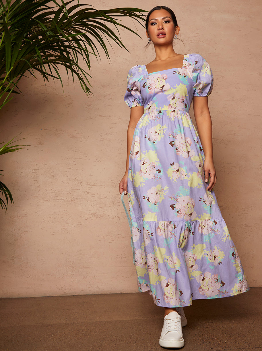 Floral Printed Tie Back Maxi Dress in Blue