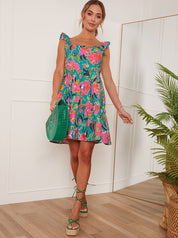 Ruffle Sleeve Floral Mini Dress in Green