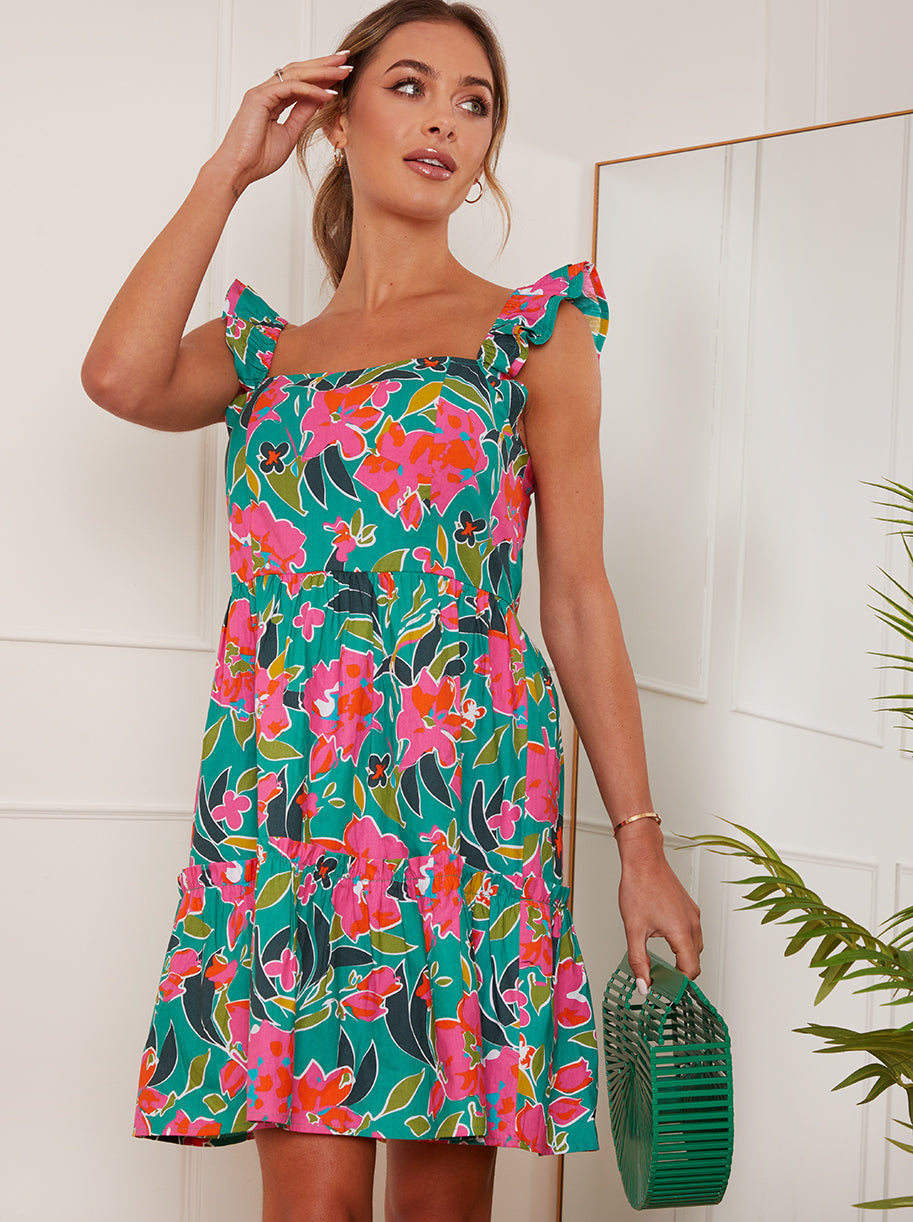 Ruffle Sleeve Floral Mini Dress in Green