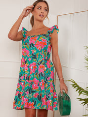 Ruffle Sleeve Floral Mini Dress in Green