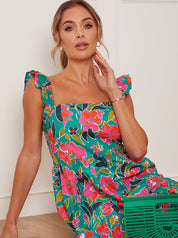 Ruffle Sleeve Floral Mini Dress in Green