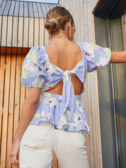 Floral Printed Tie Back Top in Blue