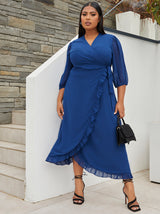 Plus Size Short Sleeve Dobby Wrap Midi Dress in Cobalt