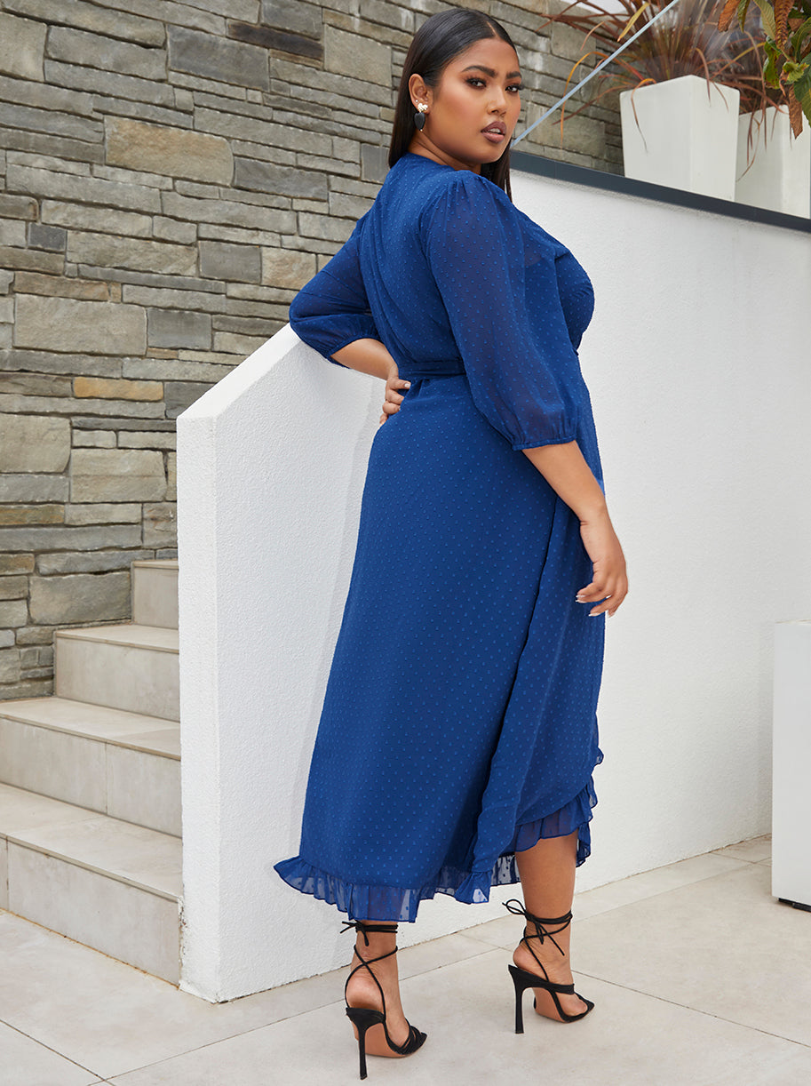 Plus Size Short Sleeve Dobby Wrap Midi Dress in Cobalt