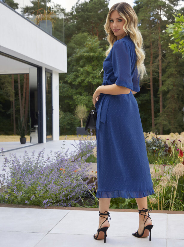 Short Sleeve Dobby Wrap Midi Dress in Cobalt