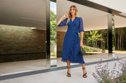 Short Sleeve Dobby Wrap Midi Dress in Cobalt