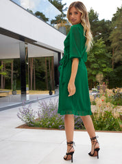 Short Sleeve Dobby Wrap Mini Dress in Green