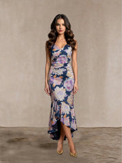 Sleeveless Floral Print Ruffle Midi Dress in Navy