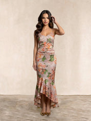 Sleeveless Floral Print Ruffle Midi Dress in Pink
