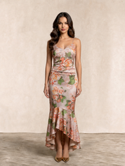 Sleeveless Floral Print Ruffle Midi Dress in Pink