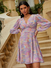 Long Sleeve Watercolour Print Mini Dress in Purple