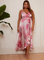 Cami Floral Print Wrap Midi Dress in Pink