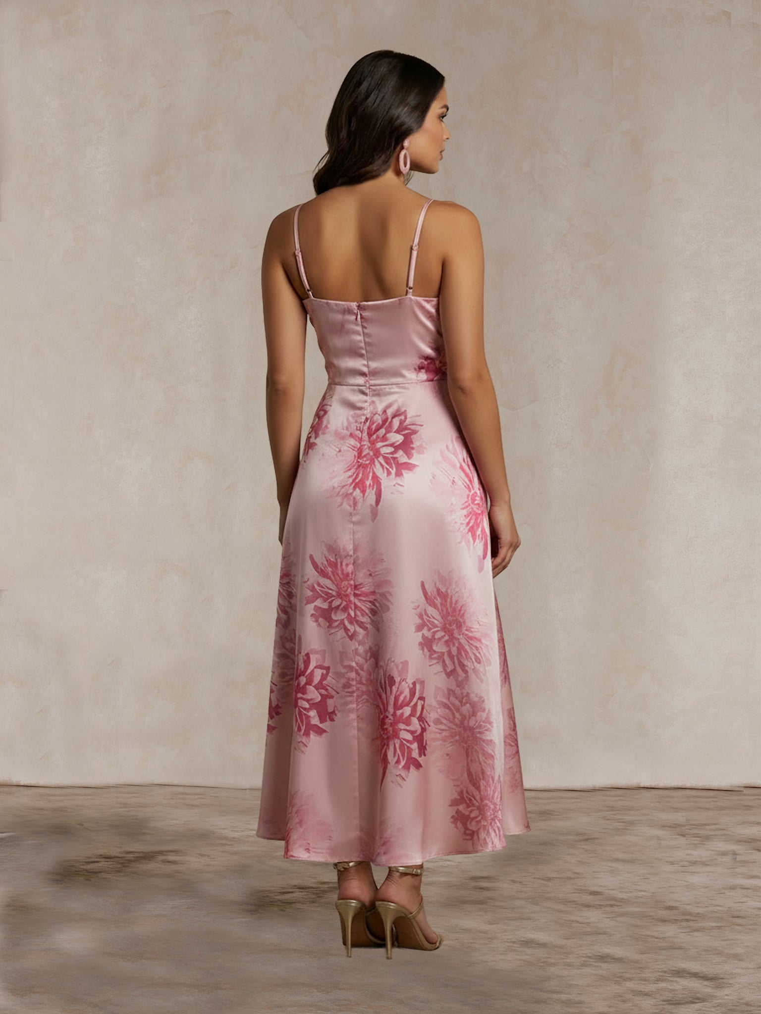 charismatic days pink floral cowl back midi dress Wanderdoll Aria draped cowl neck flower detail cross back satin maxi dress in antique pink floral
