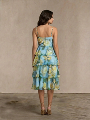 Sleeveless Floral Print Midi Dress in Blue