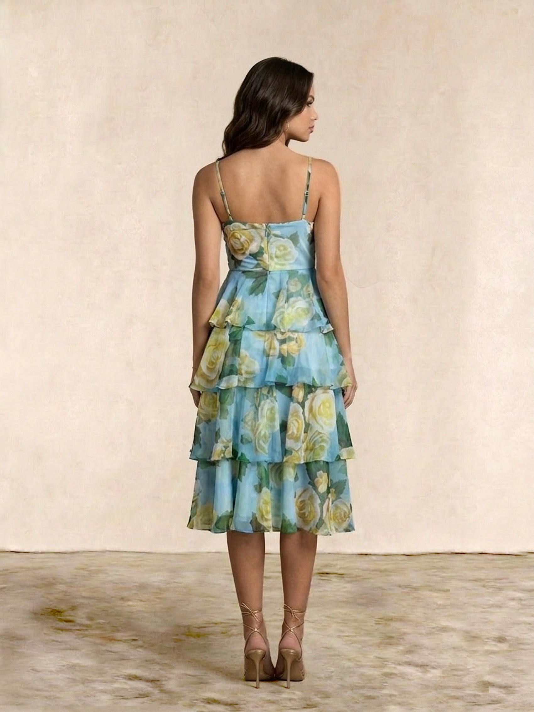 Sleeveless Floral Print Midi Dress in Blue