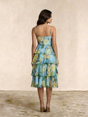 Sleeveless Floral Print Midi Dress in Blue